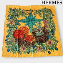 HERMES（エルメス） カレ90 PASSIFLORES パッションフラワー 花柄 スカーフ シルク レディース イエロー×グリーン　オレンジ　　星_画像1