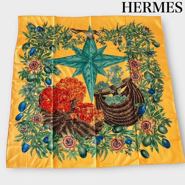 HERMES（エルメス） カレ90 PASSIFLORES パッションフラワー 花柄 スカーフ シルク レディース イエロー×グリーン　オレンジ　　星