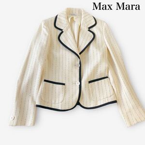 Max Mara 高級 マックスマーラ ピュア レーヨン 背抜き テーラード ジャケット 白系 ストライプ XL 大きいサイズ ストライプ レディース