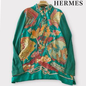 エルメス HERMES "SILK JERSEY TOP Vintage　カシミア　シルク　切り返し　ニット　L〜XL レディース ロゴ 付　緑　スカーフ柄