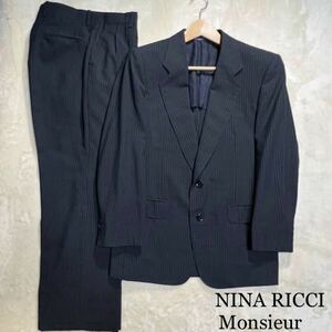 日本製　NINA RICCI Monsieur 2つボタン スーツ 90 A4(M程)背抜き　ネイビーストライプ ツータック 春夏　卒業入学　ビジネス