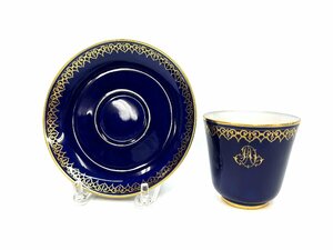 1円～ SEVRES セーブル 1887年 ブルーヌーボー ペイール 金彩モノグラム 小花文 カップ&ソーサー 箱付 G01-02