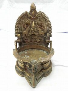 A0045 インド寺院 真鍮製 儀式用 ヒンドゥー神像付オイルランプ 661g