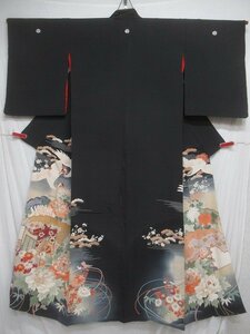 M0211 正絹 鶴扇子花文 黒留袖 袷 着物 アンティーク
