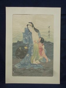 E0271 喜多川歌麿 4 「鮑取り」 木版画 浮世絵 集版社版