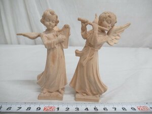 M0393 木彫 楽器を演奏する天使 置物 2点 飾物 人形 オブジェ
