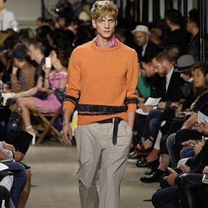 15ss HERMES エルメス ニット セーター オレンジ ネイビー 切り替え コレクション コットン シルク メンズ 高級 イタリア製 Mサイズ