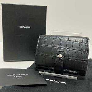 668【極美品】SAINTLAURENT サンローラン 三つ折り財布 サイフ コンパクトウォレット クロコ型押し レザー メンズ レディース ブラック 黒