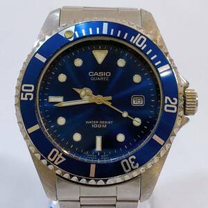 341☆中古☆ CASIO カシオ ダイバーズウォッチ 腕時計 MTD-1010 回転ベゼル 青文字盤 クォーツ シルバー デイト 動作未確認 現状品