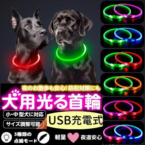 【2個セット】Lightight LED光る首輪 USB充電式 サイズ調節 視認距離500メートル 長さは70cm 猫 小中大型犬