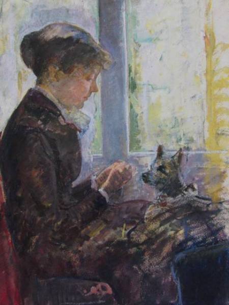 Maria Cassatt, FRAU AM FENSTER FÜTTERT IHREN HUND, Überseeausgabe, sehr selten, Werkverzeichnis, Neu mit Rahmen, Ara, Malerei, Ölgemälde, Porträts