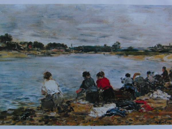 Eugène Boudin, LAVEUSES AU BORD DE LA TOUQUES, Versión extranjera súper rara razonada, Nuevo con marco, ara, cuadro, pintura al óleo, Naturaleza, Pintura de paisaje