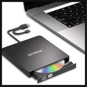 【開封のみ】DETROVA ★外付けDVD/CDドライブ DVDレコ CD/DVD-Rプレイヤー USB3.0&Type-C両用ケーブル Window/Linux/Mac OS(ブラック)