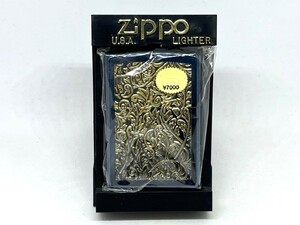 【未使用 保管品】ZIPPO ジッポー ライター 2002年製 チタン 2面加工 彫刻 ゴールド/ブルー 