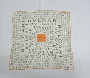 同梱不可/パケット発送【S送250円】4909　BVLGARI　ブルガリ　スカーフ　アイボリー　オレンジ　シルク　イタリア製　46㎝×46㎝