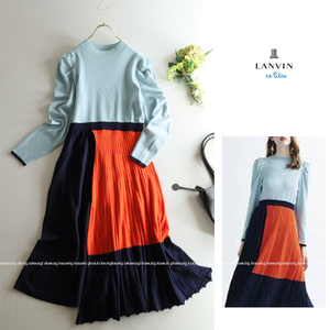 ランバン オン ブルー LANVIN en Bleu★大人可愛い♪ タックショルダー配色カラーブロックニットワンピース