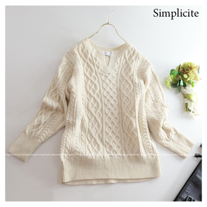 Simplicite シンプリシテェ イエナ取扱い★大人可愛い♪アラン編み込みキーネックニットトップス