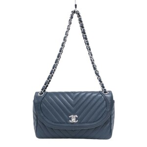 シャネル CHANEL Vステッチ チェーンショルダー 26番台 ネイビー シルバー金具 ラムスキン ショルダーバッグ レディース 中古