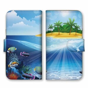 多機種対応 手帳型 スマホ ケース カバー iPhone15 AQUOS Galaxy Xperia 海辺 ヤシの木 熱帯魚
