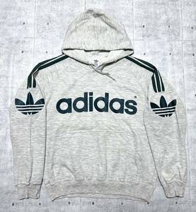 90s adidas アディダス デサント製 パーカー ビッグロゴ ダメージ古着　　90年代 フーディー スウェット トレーナー ビンテージ 柳9023