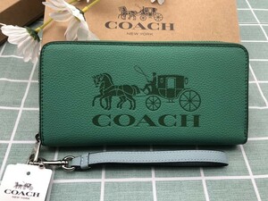 COACHコーチ 財布 長財布 プレゼント グリーン 緑 レディース 贈り物 馬車 新品 ストラップ付き ブランド ギフト ロゴ ウォレット A225