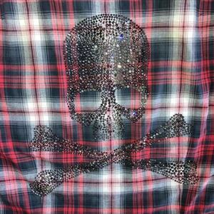 ロエン　オールスワロビッグスカル装飾五分袖チェックシャツ　サイズ44 フルスワロ