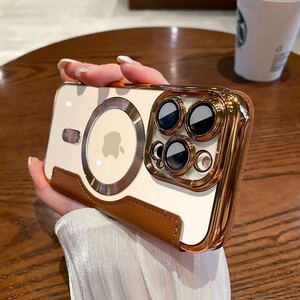 iPhone 14 leather case iPhone 14 clear case iPhone14 cover transparent card storage MagSafe charge notebook type Brown 