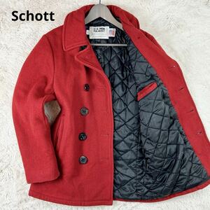 【美品 希少カラー】 Schott ショット 【圧倒的存在感】 ピーコート Pコート ジャケット メルトンウール 肉厚 中綿 キルティング 赤 レッド