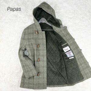 【未使用級 超希少XLサイズ】 Papas パパス Harris Tweed ハリスツイード ダッフルコート ロングコート チェック 中綿 キルティング 