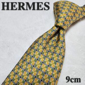 【HERMES】エルメス　ハイブランドネクタイ　黄色　緑　フランス