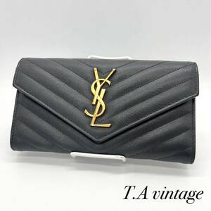 美品　サンローラン　パリ　YSL Vステッチ　長財布　グレー