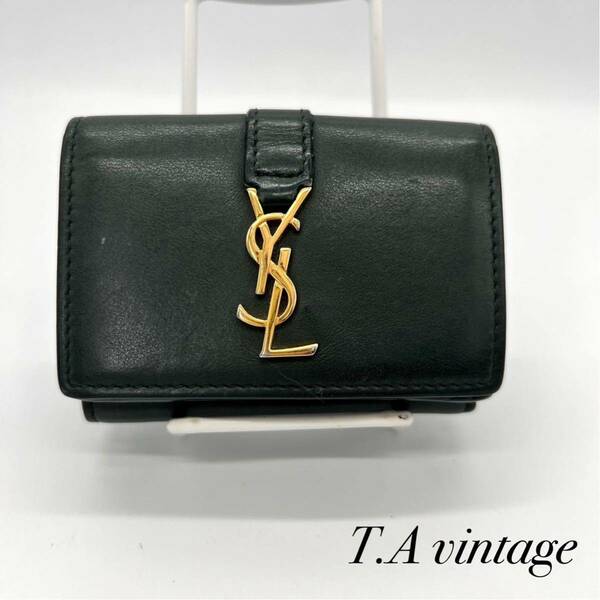 サンローラン　パリ　YSL レザー　コンパクト　折り財布　グリーン