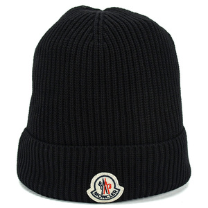 モンクレール MONCLER ニットキャップ ニット帽 ビーニー BERRETTO TRICOT ロゴワッペン リブ コットン ブラック 黒 帽子 小物 新品同様