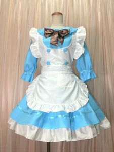 1-18☆光沢感のあるタフタ系生地*パステル系水色＆ホワイト*メイド服*リストバンド付き/W38.B44☆