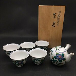 FG0718-8-3 久谷 色絵鉄線花 茶器 セット 5客 湯呑 急須 湯のみ 共箱 為吉 茶道具 茶碗 急須:高9口径5㎝ 湯呑:高5.5径8.5㎝ 80サイズ