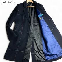 美品/現行タグ/L ●PS Paul Smith ポールスミス ●ウィンドウペンチェック シングル チェスターコート 裏地バイカラー ダークネイビー_画像1