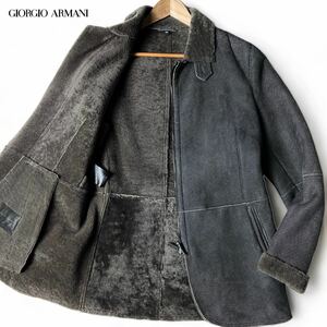 極美品/黒ラベル ●GIORGIO ARMANI ジョルジオアルマーニ リアルムートンコート アウター ラムレザー 総柄 革タグ ●最高級 46 M グレー