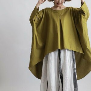 １０００円からスタート　ギマ擬麻コットン　燕尾裾　ワイド幅広プルオーバー　ゆったり変形オーバーシャツ　ポンチョA88