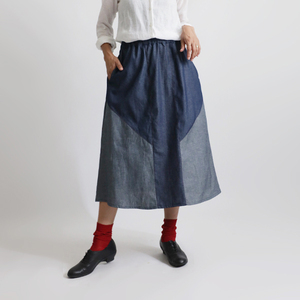 １０００円からスタート　７８cm　愉快なスカート　パッチワーク　ギャザー　スカート　甘織デニム　コットン　Y68A
