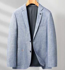 新作　テーラードジャケット メンズ ビジネスジャケット ブレザー 紳士服 綿麻 春服 夏服 カジュアル ブルー　4XL