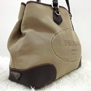 1円 【超希少】 PRADA プラダ トートバッグ ジャガード レザー デカロゴ 肩掛け メンズ レディース A4収納 ビジネス ブラウン 三角ロゴ