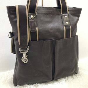 1円 【美品】 COACH コーチ F70558 牛革 サリバン レザー フォルド オーバー 2way トートバッグ ビジネス ブラウン 斜め掛け A4 メンズ