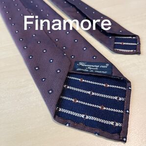 【美品】Finamore ブラウン ネイビー小紋 セッテピエゲ ネクタイ