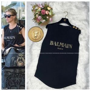 本物 バルマン ライオン金ボタン ノースリーブ カットソー トップス 34 ブラック 黒 BALMAIN レターパック可