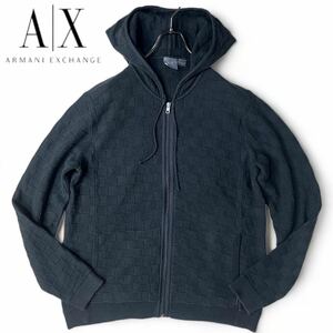 美品 XL● ARMANI アルマーニ エクスチェンジ 編み込み ジップ パーカー フードジャケット ブルゾン イントレチャート ブラック 黒