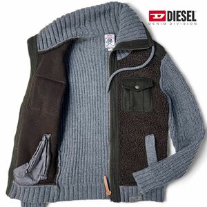 希少 美品● ディーゼル DIESEL 肉厚 ニット 切替 ボア ジャケット ブルゾン ミリタリー ジップアップ ウール レザータグ グレー M相当