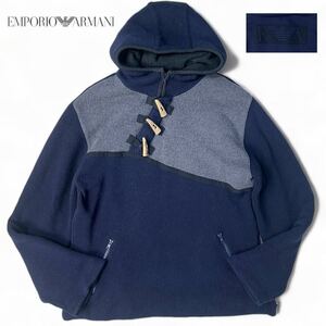 希少デザイン/背面ロゴ●エンポリオアルマーニ ARMANI パーカー ニット ダッフル Lサイズ 切替 ハーフジップ 厚手 極暖 メンズ ネイビー 紺