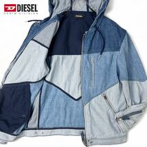 美品/L相当●DIESEL ディーゼル デニム ジップ パーカー フードジャケット G ジージャン インディゴブルー パッチワーク風 切替デザイン_画像1