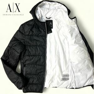 新品タグ付き/希少デザイン●アルマーニ ARMANI ダウンジャケット ブランドロゴ総柄 S-M相当 ブラック 黒 ホワイト メンズ 極暖 軽量