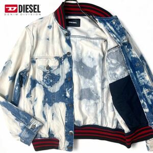 極美品 L相当●DIESEL ディーゼル デニムジャケット ジージャン スタジャン ブルゾン MA-1 リブ切替 インディゴ ブリーチ加工 刻印ボタン